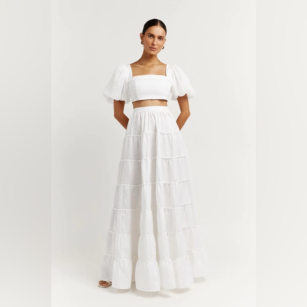 DISSH WHITE LINEN TIER LONG SKIRT